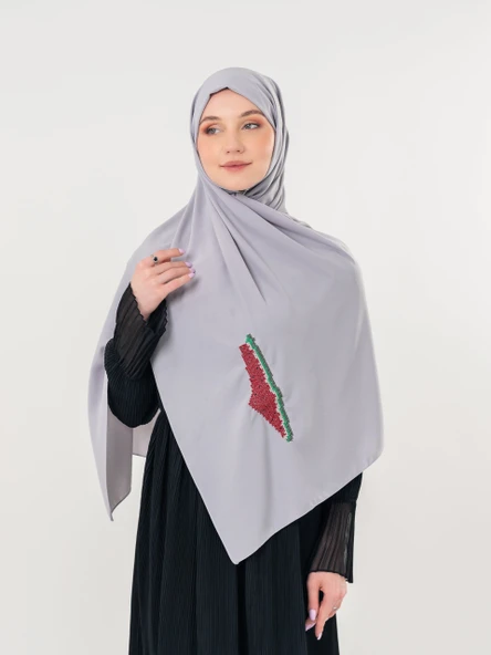 Polyster Gri Rengi Şal Filistin Haritası Karpuz Renkler İle Nakışlı S100036 - 5