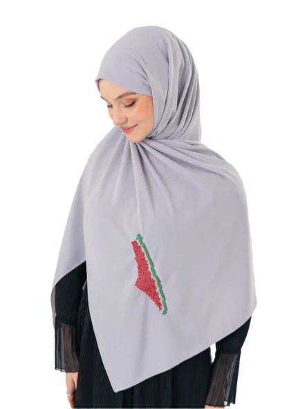 Polyster Gri Rengi Şal Filistin Haritası Karpuz Renkler İle Nakışlı S100036 - 3