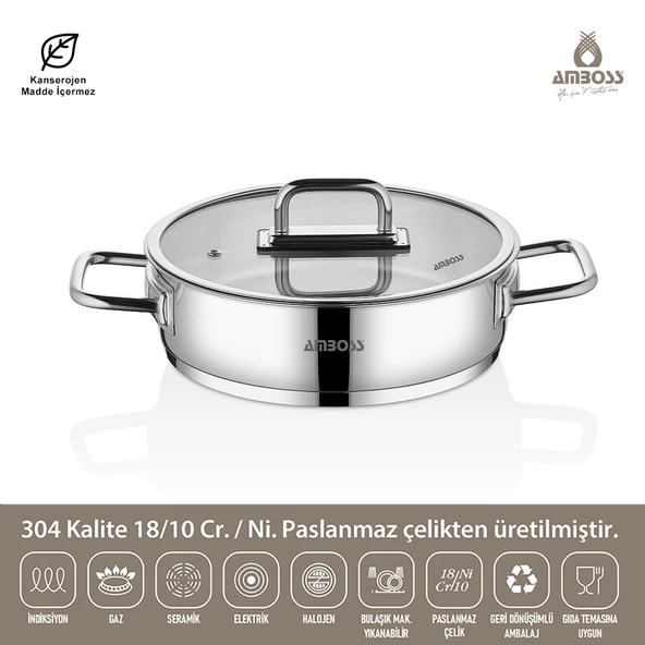 Nova Paslanmaz Çelik Cam Kapaklı Basık Tencere 24x7 cm - Resim 2
