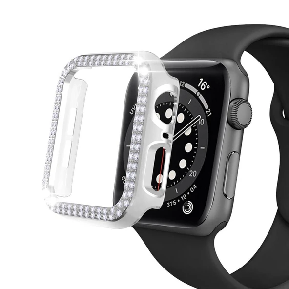 Apple Watch 5 6 44mm Uyumlu Çift Sıra Parlak Taşlı Rubber Kasa Kapak - Resim 5