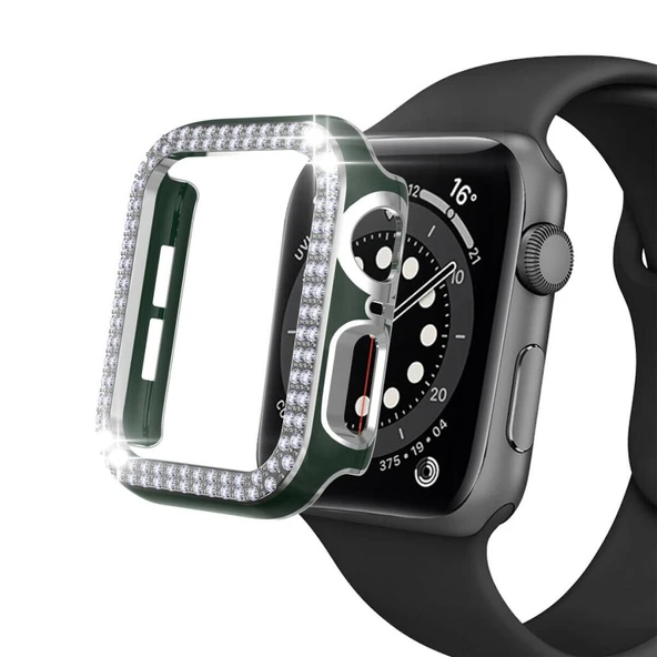 Apple Watch 5 6 44mm Uyumlu Çift Sıra Parlak Taşlı Rubber Kasa Kapak - Resim 11