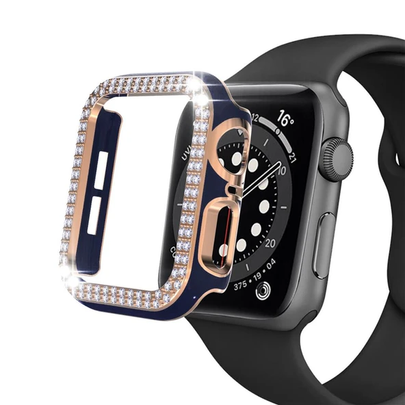 Apple Watch 7 41mm Uyumlu Çift Sıra Parlak Taşlı Rubber Kasa Kapak - Resim 10