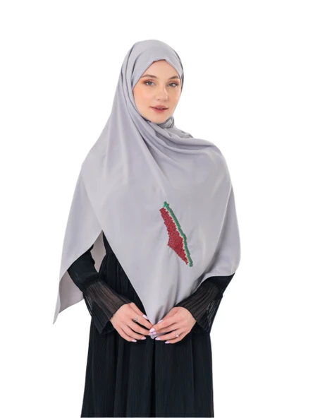 Polyster Gri Rengi Şal Filistin Haritası Karpuz Renkler İle Nakışlı S100036 - 2