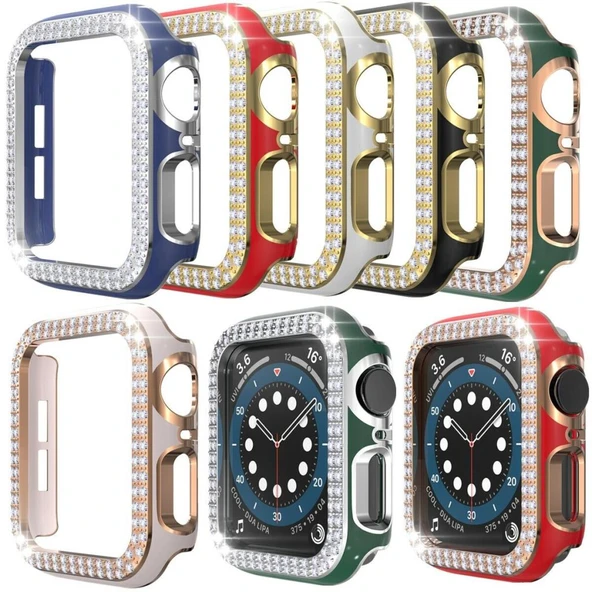 Apple Watch 7 41mm Uyumlu Çift Sıra Parlak Taşlı Rubber Kasa Kapak - Resim 2