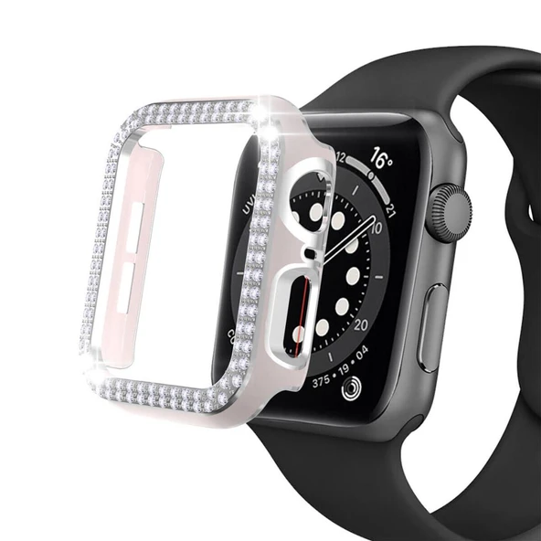 Apple Watch 5 6 44mm Uyumlu Çift Sıra Parlak Taşlı Rubber Kasa Kapak - Resim 7