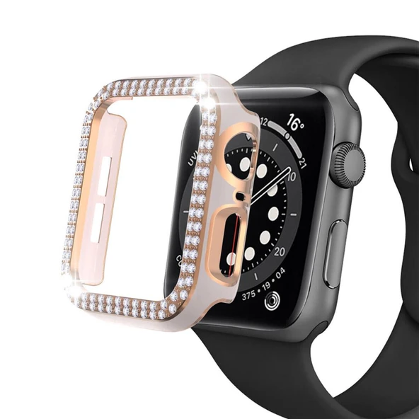 Apple Watch 5 6 44mm Uyumlu Çift Sıra Parlak Taşlı Rubber Kasa Kapak - Resim 8