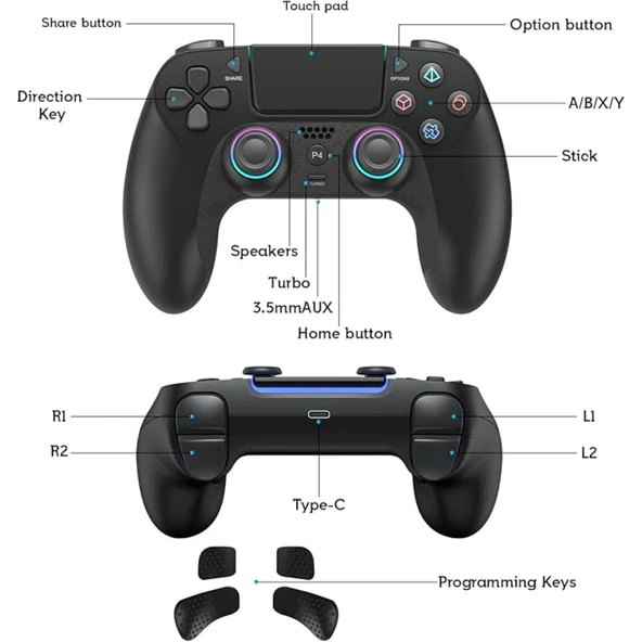 Ozmik PS4 için kablosuz kol PS4/Pro/Slim/PC ile uyumlu çift titreşimli/dokunmatik panel Android-İos Siyah - Resim 5