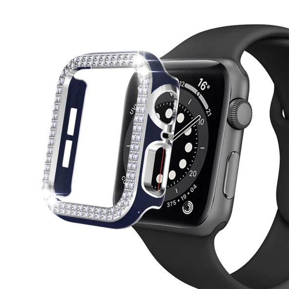 Apple Watch 5 6 44mm Uyumlu Çift Sıra Parlak Taşlı Rubber Kasa Kapak - Resim 9