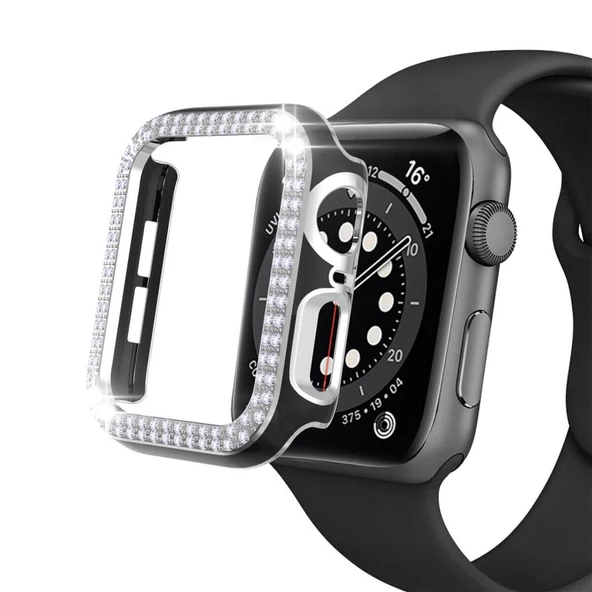Apple Watch 5 6 44mm Uyumlu Çift Sıra Parlak Taşlı Rubber Kasa Kapak - Resim 3