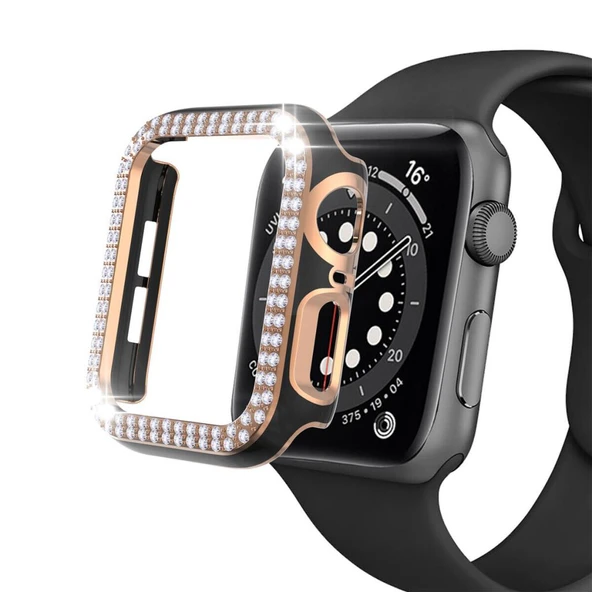 Apple Watch 7 41mm Uyumlu Çift Sıra Parlak Taşlı Rubber Kasa Kapak - Resim 4