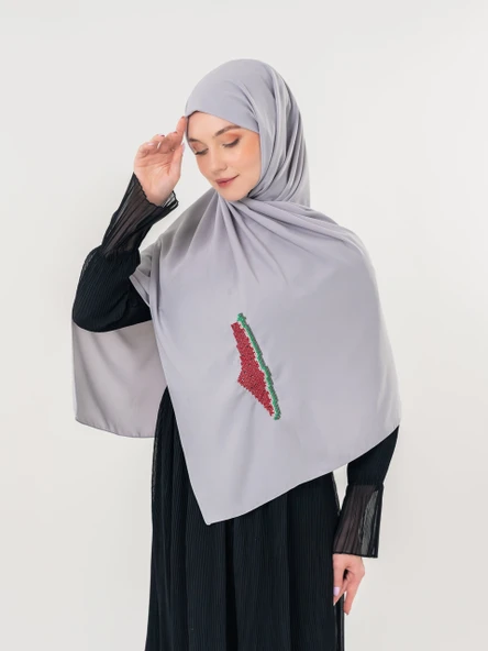 Polyster Gri Rengi Şal Filistin Haritası Karpuz Renkler İle Nakışlı S100036 - 6