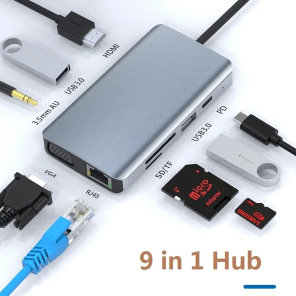 Type-C 9in1 4K Hdmi Vga Rj45 Micro SD TF 3.5mm 2xUsb Şarj Çevirici Hub - 2
