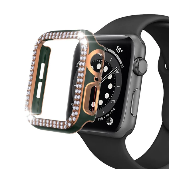 Apple Watch 7 Serisi 45mm Çift Sıra Parlak Taşlı Rubber Kasa Kapak - 12