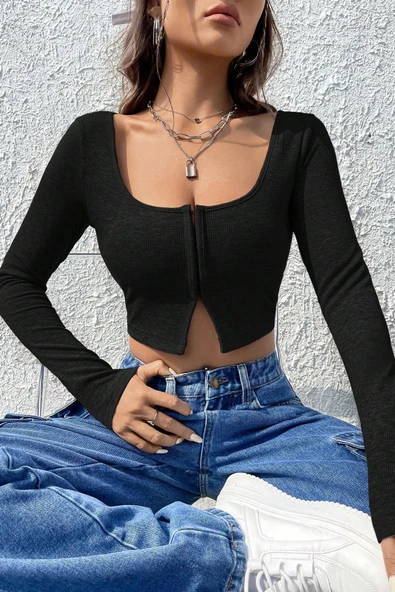Kadın Siyah Uzun Kollu Agraflı Göğüs ve Göbek Dekolteli Crop Top Bluz - 5