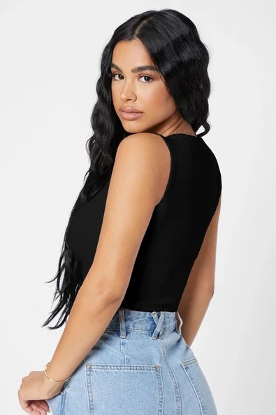 Kadın Siyah Kare Yaka Crop Top Bluz - 2