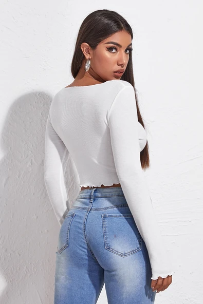 Kadın Beyaz Uzun Kollu Büzdürme Bağcık Detaylı Crop Top Bluz - 2