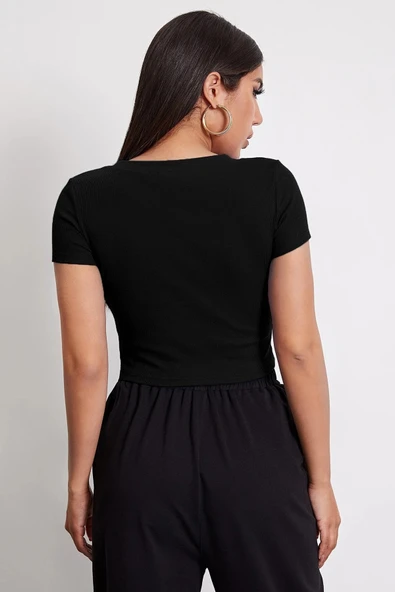 Kadın Siyah Yuvarlak Yaka Yarım Kol Crop Top Bluz - 2