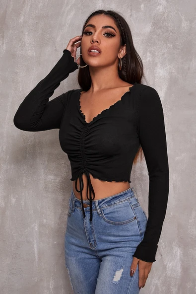 Kadın Siyah Uzun Kollu Büzdürme Bağcık Detaylı Crop Top Bluz - 5
