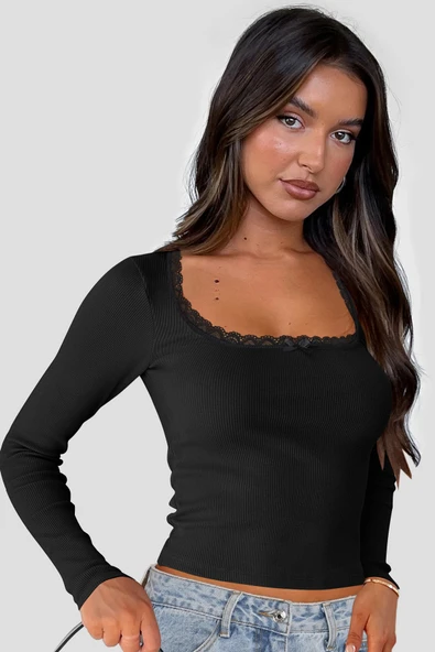 Kadın Siyah Kare Yaka Dantelli Uzun Kollu Crop Top Bluz - 9