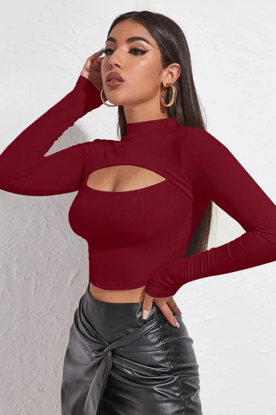 Kadın Bordo Göğüs Dekolteli Uzun Kollu Cut Out Crop Top Bluz - 5