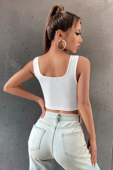 Kadın Beyaz Göbek Dekolteli Crop Top Bluz - 2