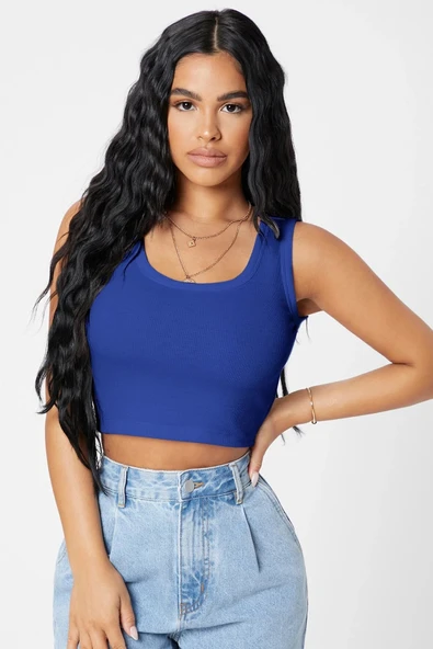 Kadın Lacivert Kare Yaka Crop Top Bluz - 4