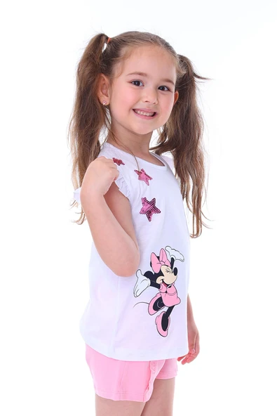 Sevimli Yıldızlı Kız Çocuk T-Shirt-Şort Takım (Pullu,Şort Fırfırlı) - 3