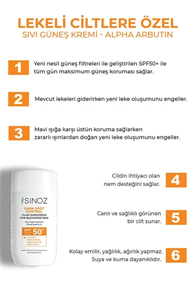 Sinoz SPF 50+ Lekeli Ciltlere Özel Sıvı Güneş Kremi – Leke Karşıtı, Hafif Yapı, Yüksek Koruma, 50 ml - 4