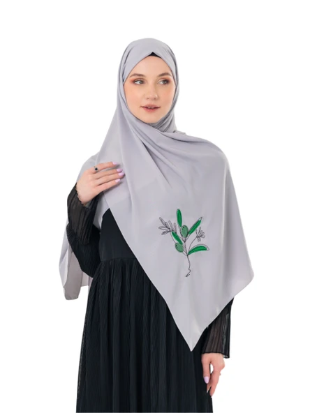 Polyster Gri Rengi Şal Filistin Zaytin Dalı Renkli Nakışlı S100037