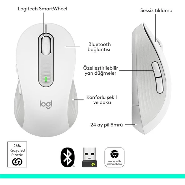 Logitech M650 Signature 910-006255 Beyaz Sessiz Küçük Boy Sağ El Kablosuz Mouse - 2