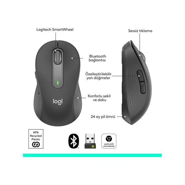Logitech M650 Signature 910-006236 Siyah Sessiz Büyük Boy Sağ El Optik Kablosuz Mouse - 3