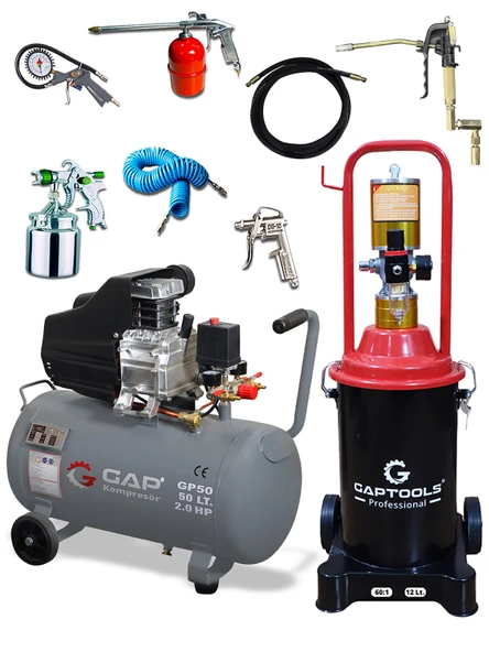 Rowermax Gap 12 Litre Yağlama ve Kompresör Seti 5 Parça Havalı Setli 50 Litre Kompresör ve 12 Litre