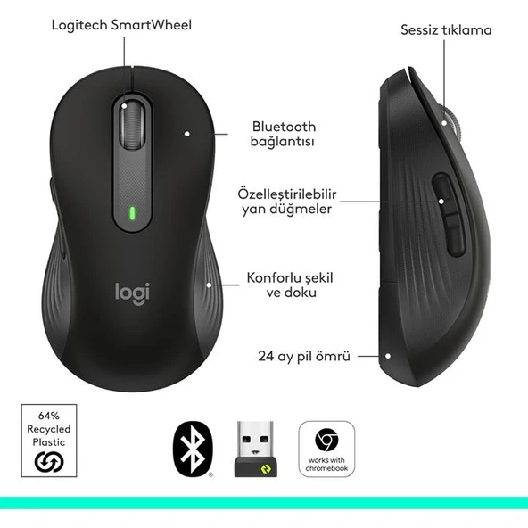 Logitech M650 Signature 910-006253 Siyah Sessiz Küçük Boy Sağ El Kablosuz Mouse - 2