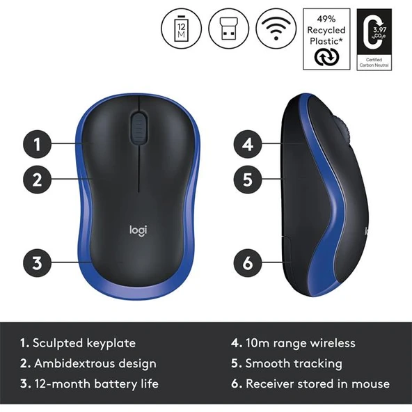 Logitech M185 910-002236 Mavi Optik Kablosuz Mouse - 2