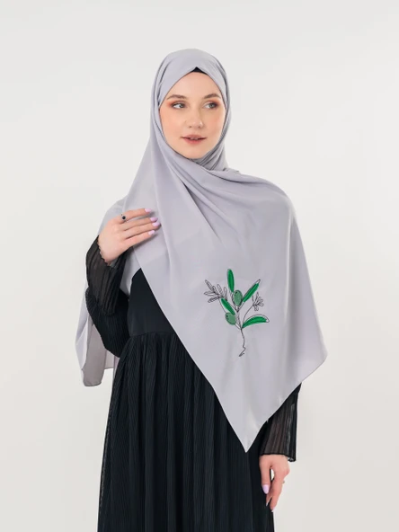 Polyster Gri Rengi Şal Filistin Zaytin Dalı Renkli Nakışlı S100037 - 7