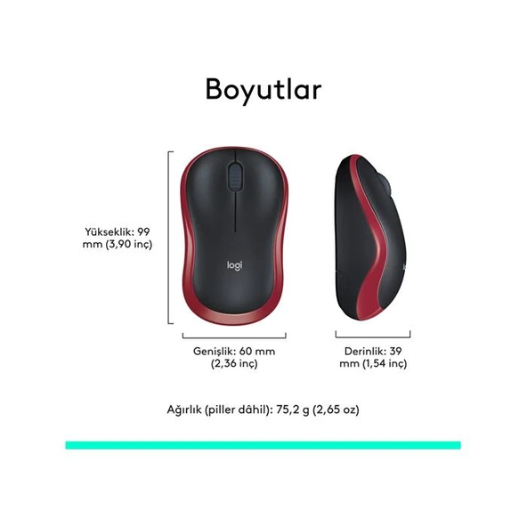 Logitech M185 910-002237 Kırmızı Optik Kablosuz Mouse - 3
