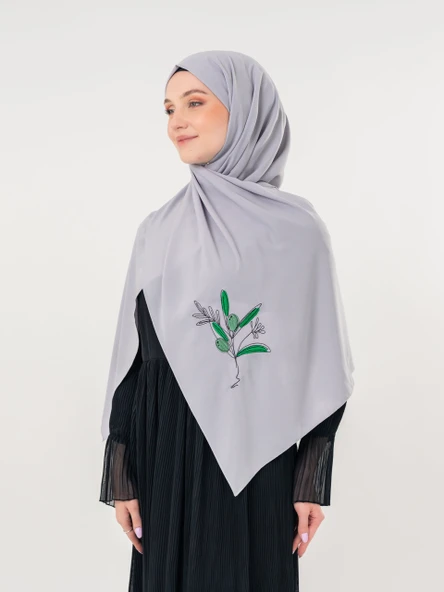 Polyster Gri Rengi Şal Filistin Zaytin Dalı Renkli Nakışlı S100037 - 5