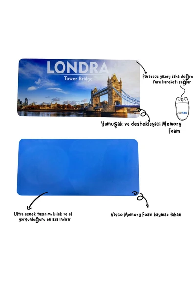 Büyük Boy LONDRA  Baskılı Memory Foam Kaymaz Taban Mouse Pad  MOUSE - 2