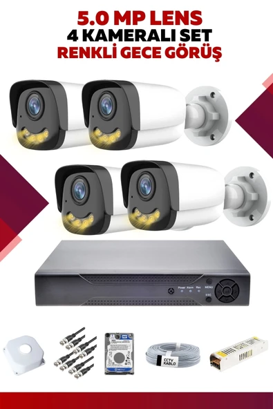 4 Kameralı Set - 5MP Sony Lensli Full Hd Renkli Gece Görüşlü Güvenlik Kamerası Sistemi - A3T92UJD2A