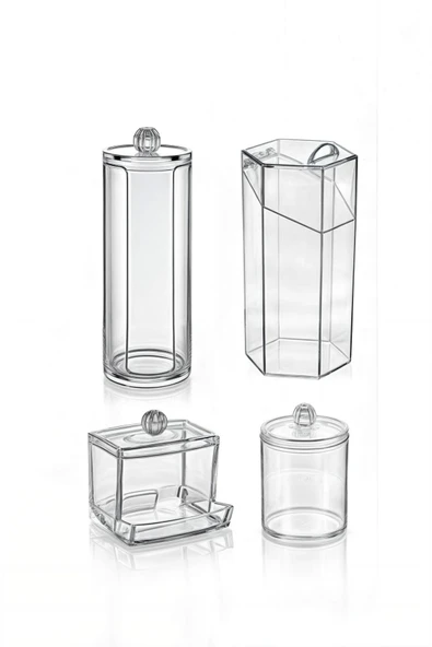 Vivart Lüx 4'lü Set Makyaj Temizleme Düzenleyici Kapaklı Fırçalık Organizer Set Pamukluk Çubuklu Pamukluk