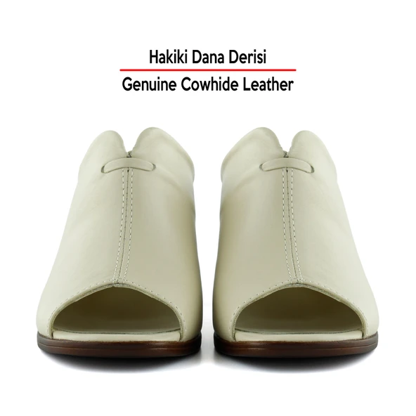 Erkan Saçmacı Valery Bej Hakiki Dana Derisi Önü Açık Kalın Topuklu Terlik - 4