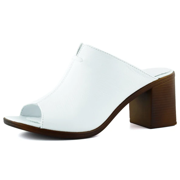 Erkan Saçmacı Valery Beyaz Hakiki Dana Derisi Önü Açık Kalın Topuklu Terlik