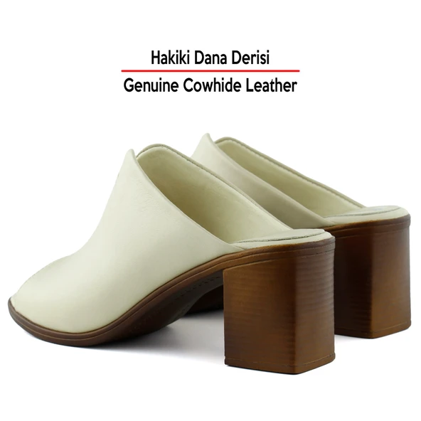 Erkan Saçmacı Valery Bej Hakiki Dana Derisi Önü Açık Kalın Topuklu Terlik - 5