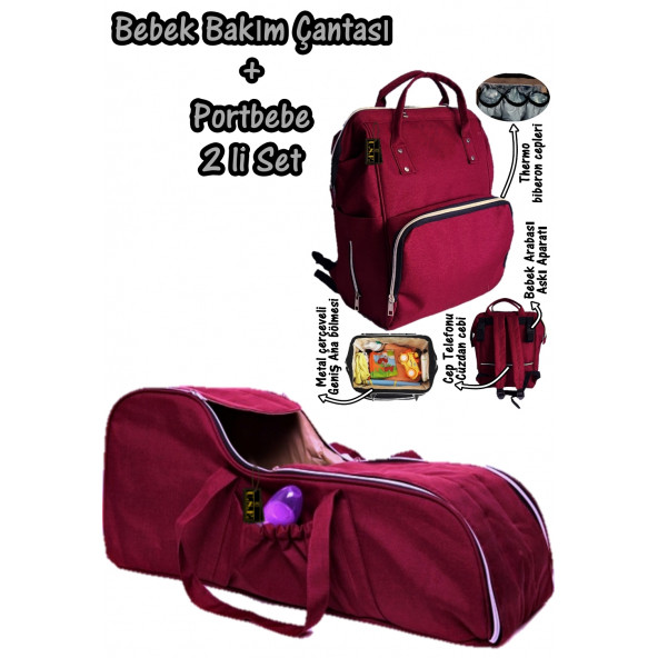 Portbebe Ana Kucağı Puset Bebek Taşıma + Anne Bebek Bakım Çantası İkili Set Bordo - 1