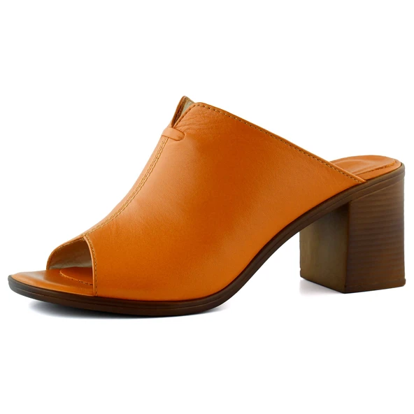 Erkan Saçmacı Valery Turuncu Hakiki Dana Derisi Önü Açık Kalın Topuklu Terlik