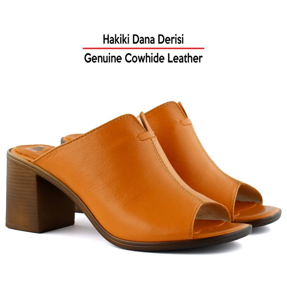 Erkan Saçmacı Valery Turuncu Hakiki Dana Derisi Önü Açık Kalın Topuklu Terlik - 3