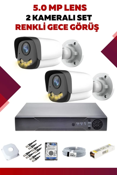 2 Kameralı Set - 5MP Sony Lensli Full Hd Renkli Gece Görüşlü Güvenlik Kamerası Sistemi - MMZSKTNSU7