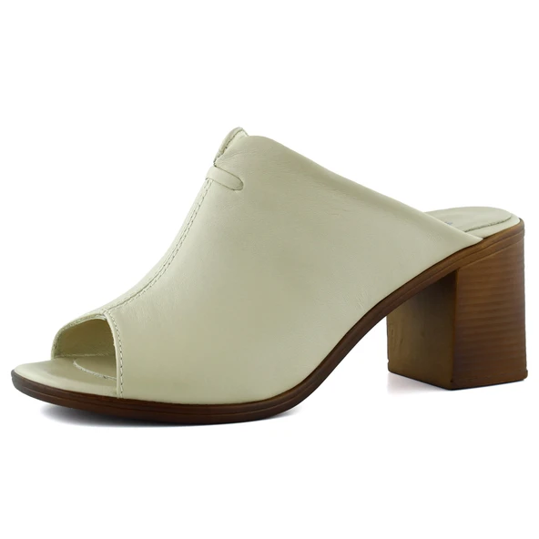 Erkan Saçmacı Valery Bej Hakiki Dana Derisi Önü Açık Kalın Topuklu Terlik