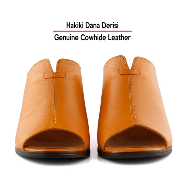 Erkan Saçmacı Valery Turuncu Hakiki Dana Derisi Önü Açık Kalın Topuklu Terlik - 4