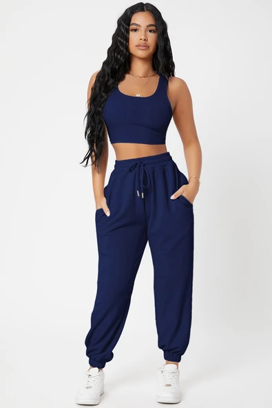 Kadın Lacivert Kaşkorse Cepli Jogger Eşofman Altı ve Crop Top Bluz - 4
